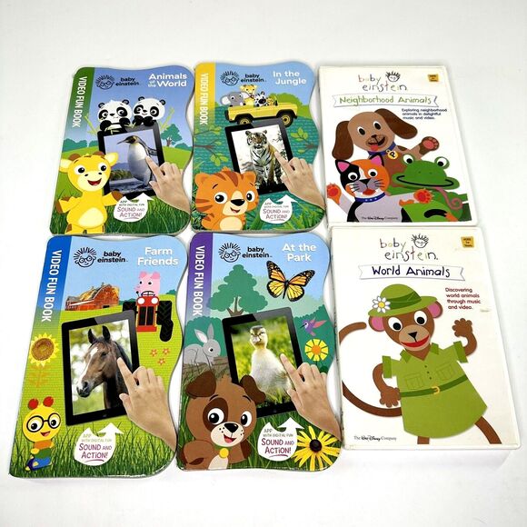Baby Einstein Lot of 2 DVDs & 4 Video Fun Books World Animals Farm Park Jungle - Picture 1 of 10